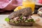 Healthy Tuna Fish Sandwich with orange juice in a poppy seeds bread.