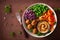 Healthy vegan lunch bowl with falafel hummus carrot ribbons cabbage and peas