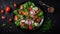 Healthy vegetable salad of fresh tomato, cucumber, onion, spinach, lettuce and sesame on plate. Diet menu. Top view, generative ai