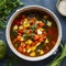 Healthy vegetable stew cooked in rustic kitchen, fresh ingredients