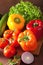 healthy vegetables pepper tomato salad onion on rustic background