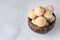 Healthy vegetarian balls with chickpea, peanut butter and coconut in the wooden bowl.