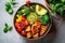Healthy vegetarian Buddha bowl with fresh ingredients close up