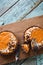 Healthy vegetarian dessert. Pumpkin open pies with nuts and oatm