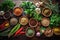 Healthy vegetarian eating and home cooking concept. Vegan ingredients on rustic wooden table with herbs and spices. Top view