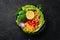Healthy vegetarian food. Bowl Buddha. Avocados, broccoli, turkey peas, corn. Top view.