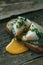 Healthy vegetarian food. Bruschetta with avocado and poached egg