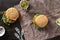 Healthy vegetarian food Top view vegetarian burger pumpkin pesto plate wooden table