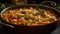 Healthy vegetarian paella cooked with fresh vegetables and saffron spice generated by AI