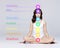 Healthy wogirl man meditating in lotus position. Colored lights with chakra names over her body. Yoga, zen, Buddhism