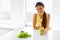 Healthy Woman Drinking Green Detox Juice. Lifestyle, Food, Drin