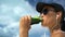 Healthy Woman Drinking Green Vegetable Smoothie On Beach - Diet Detox Juice