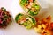 Healthy wrap with salad and croutons top view