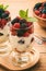 Healthy yogurt dessert with muesli, raspberries and blackberries.