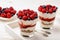 Healthy yogurt dessert with muesli, strawberry mousse, raspberries, blueberries and red currants.