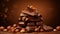 Heap of broken chocolate with nuts on dark background