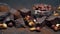 Heap of broken chocolate pieces and nuts on dark concrete background