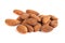 Heap of brown roast almonds on white background