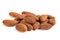 Heap of brown roast almonds on white background