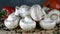 Heap of champignon mushrooms, as well as bell peppers and tomato lies on wooden table. Move from left to right. Close-up.