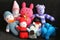 Heap of colorful kid`s soft stuffed handmade needle knitted toys / amigurumi