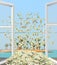 Heap of dollars flying away from window overlooking tropical island