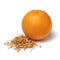 Heap of dried bitter orange peel and an orange on white background close up