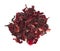 Heap of dried petals of hibiscus tea isolated on a white background. Close up. Top view