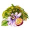 Heap of dry tea, passion flower and fruit watercolor illustration isolated on white.