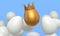 Heap of farm white chicken eggs and unique gold egg in royal king crown