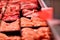 Heap of fresh raw meat food flesh background at shop supermarket