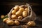Heap of fresh raw potatoes in rustic sack on wooden table and background