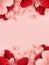 Heap gentle pink and red hearts of chinese paper fans flying on pink color as header, footer border, top view, copy space.