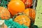 A heap, a huddle of traditional fishing equipement with green nets and orange buoys