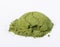 Heap of matcha green tea powder isolated on white background