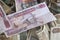 Heap of old Myanmar money with General Aung San Picture. Stacks of Burmese banknotes