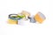 A heap of packing tape and a masking tape isolated on white background, with clipping path. adhesive tape.  many different kind of