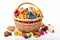 heap of pet food and treats in colorful basket