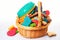 heap of pet food and treats in colorful basket