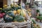 Heap of pumpkins in weave basket as halloween decorative props.