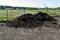 A heap of pure black earth lying in the yard next to the fence.