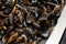 heap of raw fresh mussels on counter at local fish market. Heap of Nutritious shellfish mollusk at seafood store