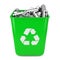 Heap of Rechargeable Batteries in Green Bucket with Recycle Sign