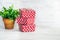 A heap of red dotted gift boxes and a green flower in a rustic ceramic pot. White wooden background, copy space.