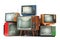 Heap of retro TV sets on white background. Communicatio