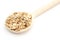 Heap of rye flakes with wooden spoon on white background