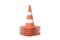 Heap of striped road cones, barriers isolated on white background