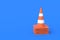 Heap of striped traffic cones, barriers on blue background