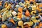 Heap of tiny spotted colorful pumpkins