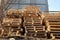 Heap of used wooden pallet at factory backyard prepared for recycling